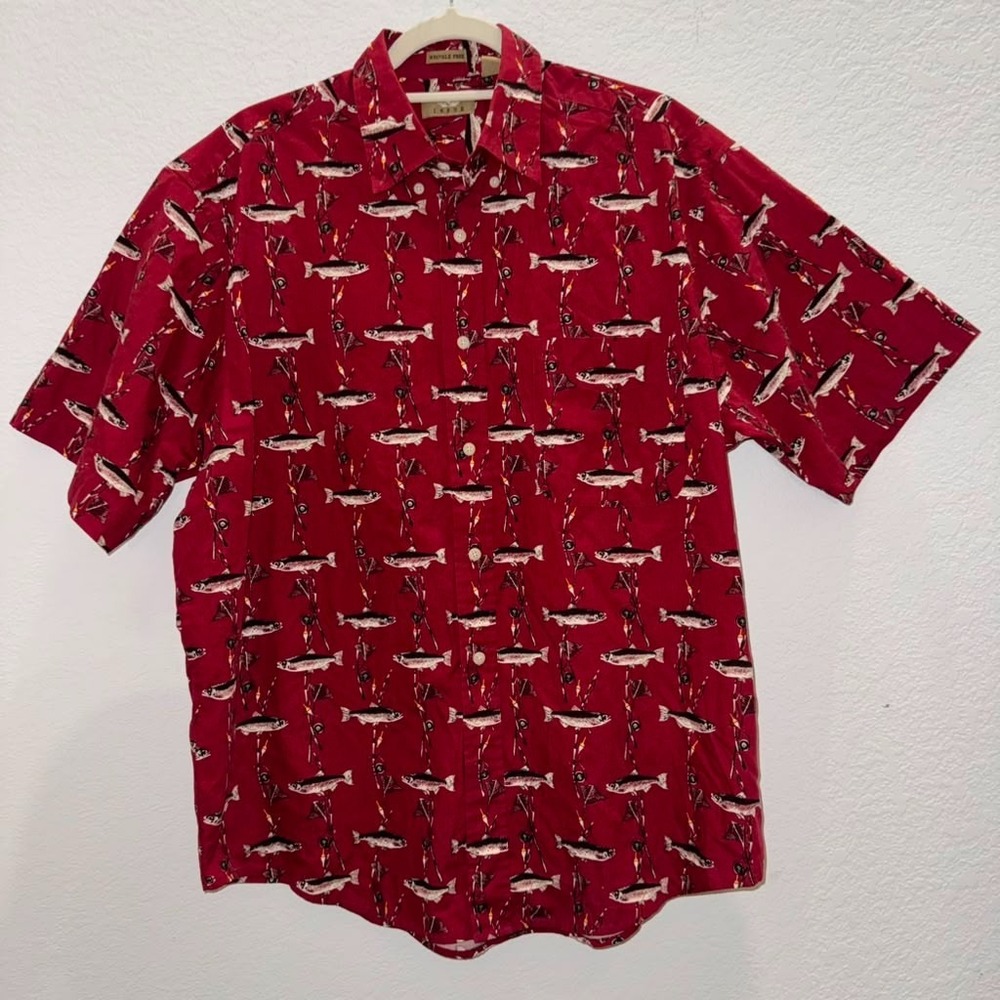 Natural Issue Mens L Button Up Shirt Wrinkle Free Trout Fishing Gear Pattern Red
